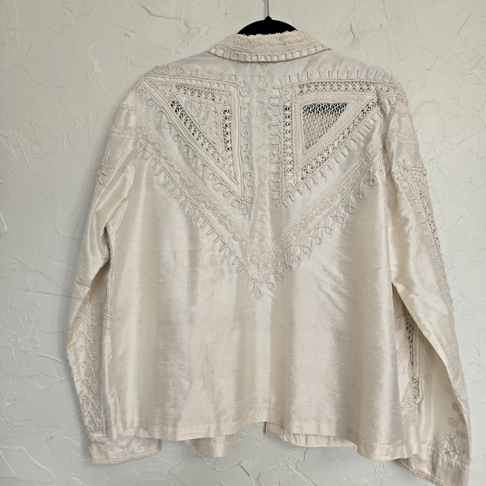Vintage Silk Embroidered Lattice Cream Jacket, L - Picture 8 of 13